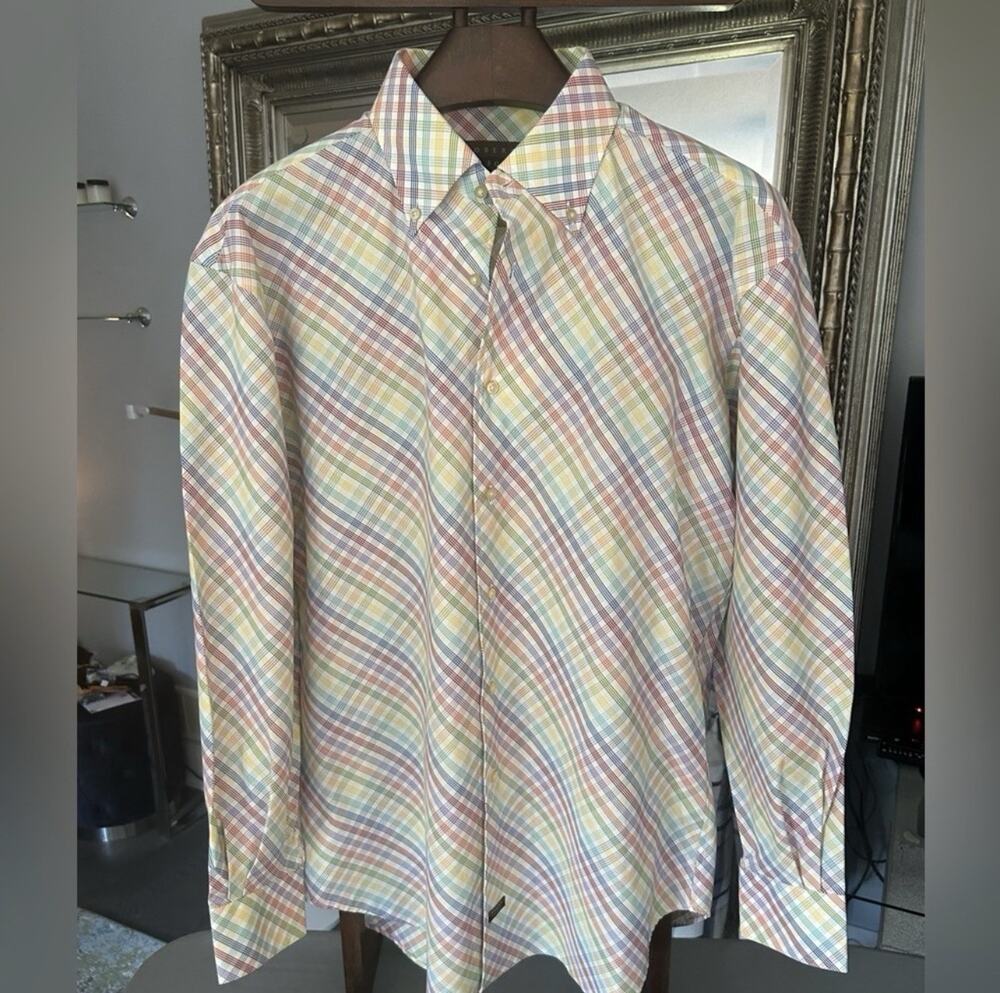 Robert Talbott Men's Small Short Sleeve Button Down Shirt Rainbow Plaid Check